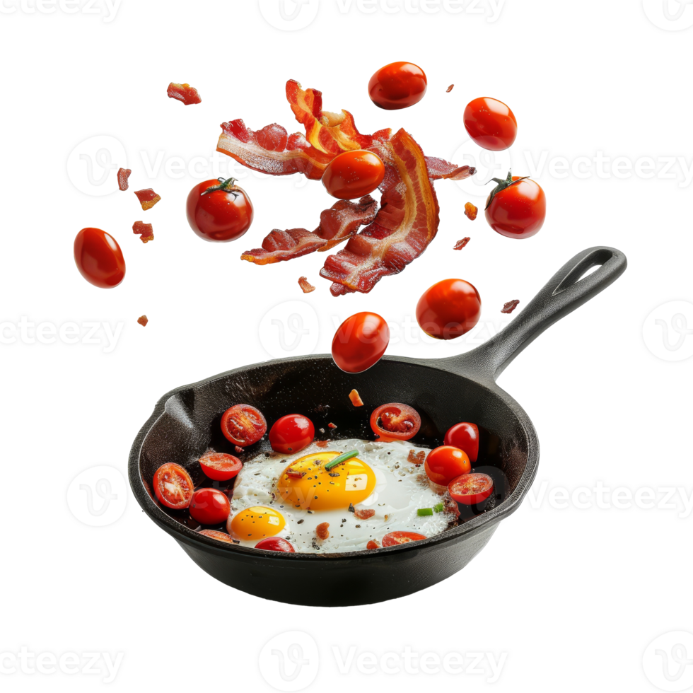 Fried egg, bacon, and cherry tomatoes floating and flying into an iron skillet, isolated on a transparent background png