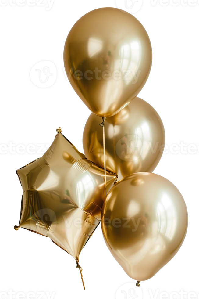 Gold star balloons for party, isolated on transparent background png