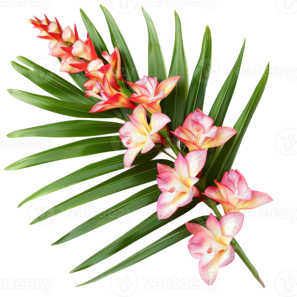 Ginger flowers with palm fronds, isolated on a transparent background png