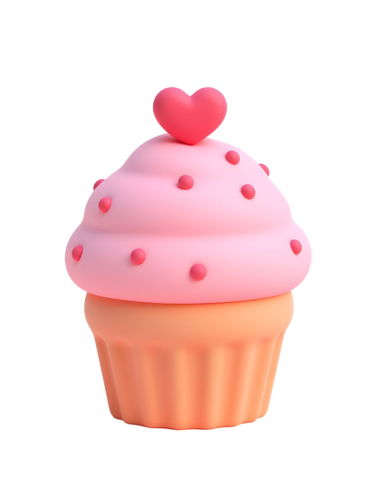 Adorable Pink Cupcake with Heart Topping 3D Render png