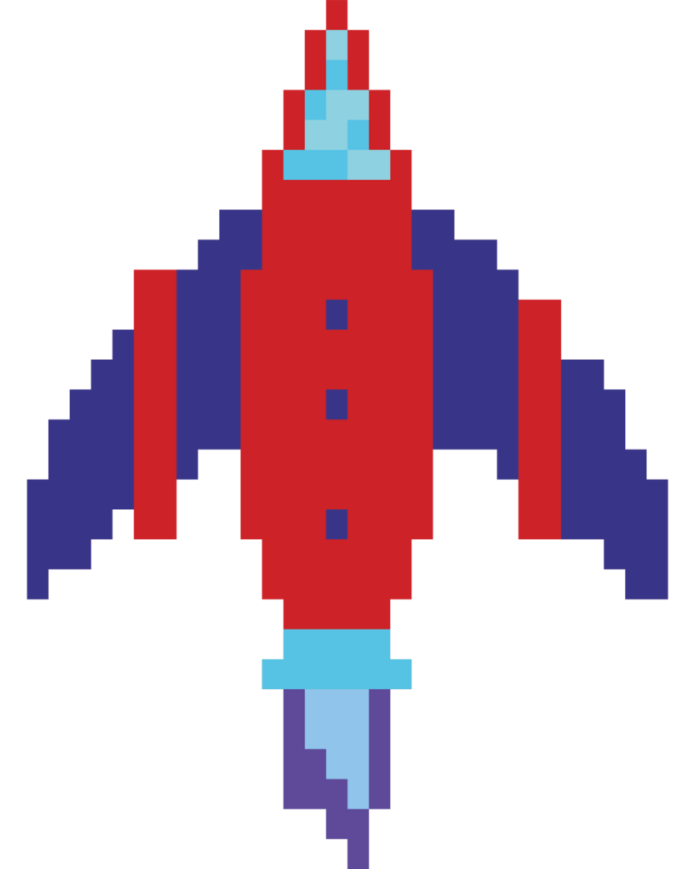 Pixel rocket ship with blue and red stripes icon isolated png