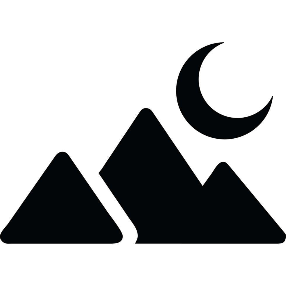A black and white mountain silhouette with a moon png