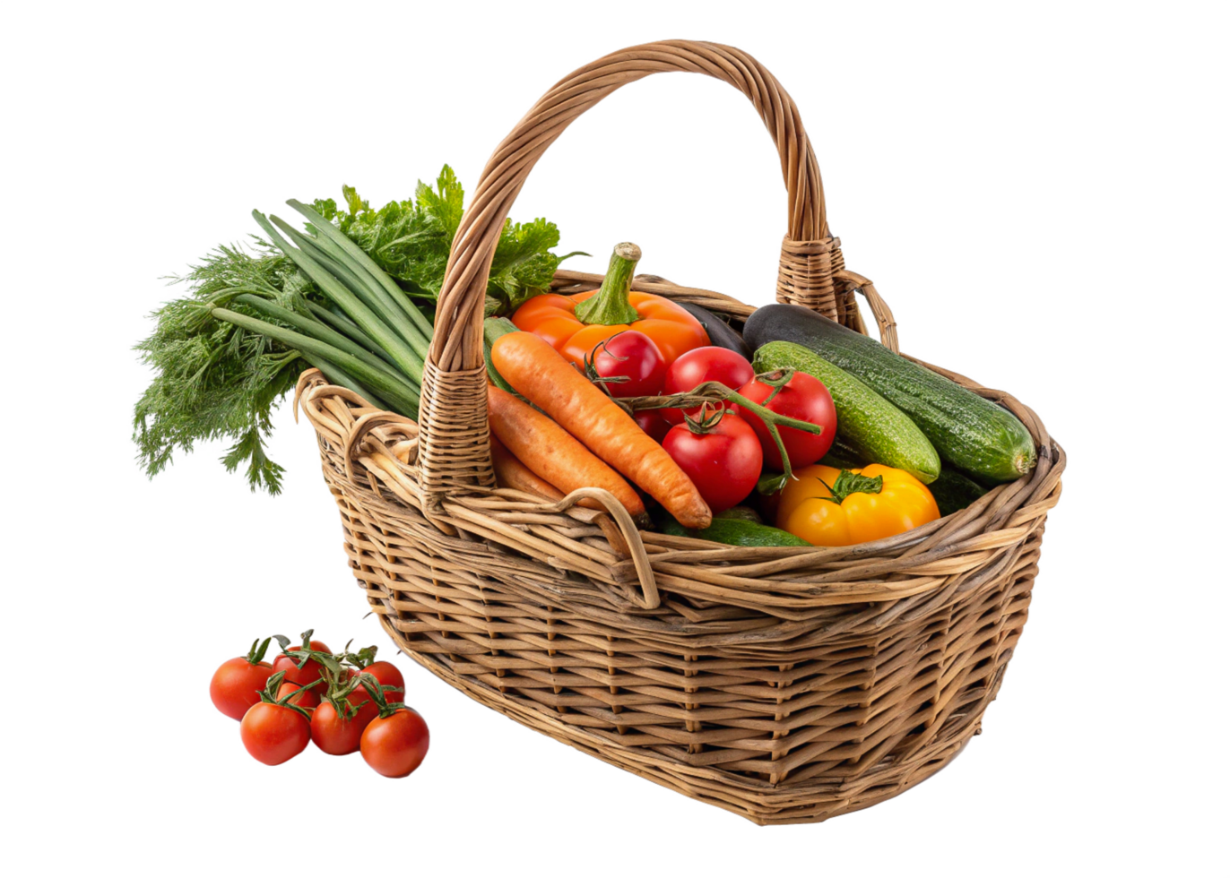 Fresh Farm Basket Vegetables, Carrots, Tomatoes, Cucumbers png