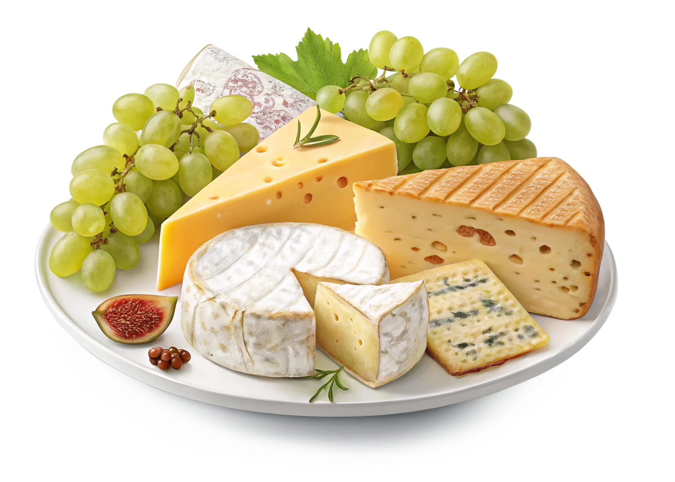 Gourmet Cheese Platter Camembert, Cheddar, Grapes, and Figs png