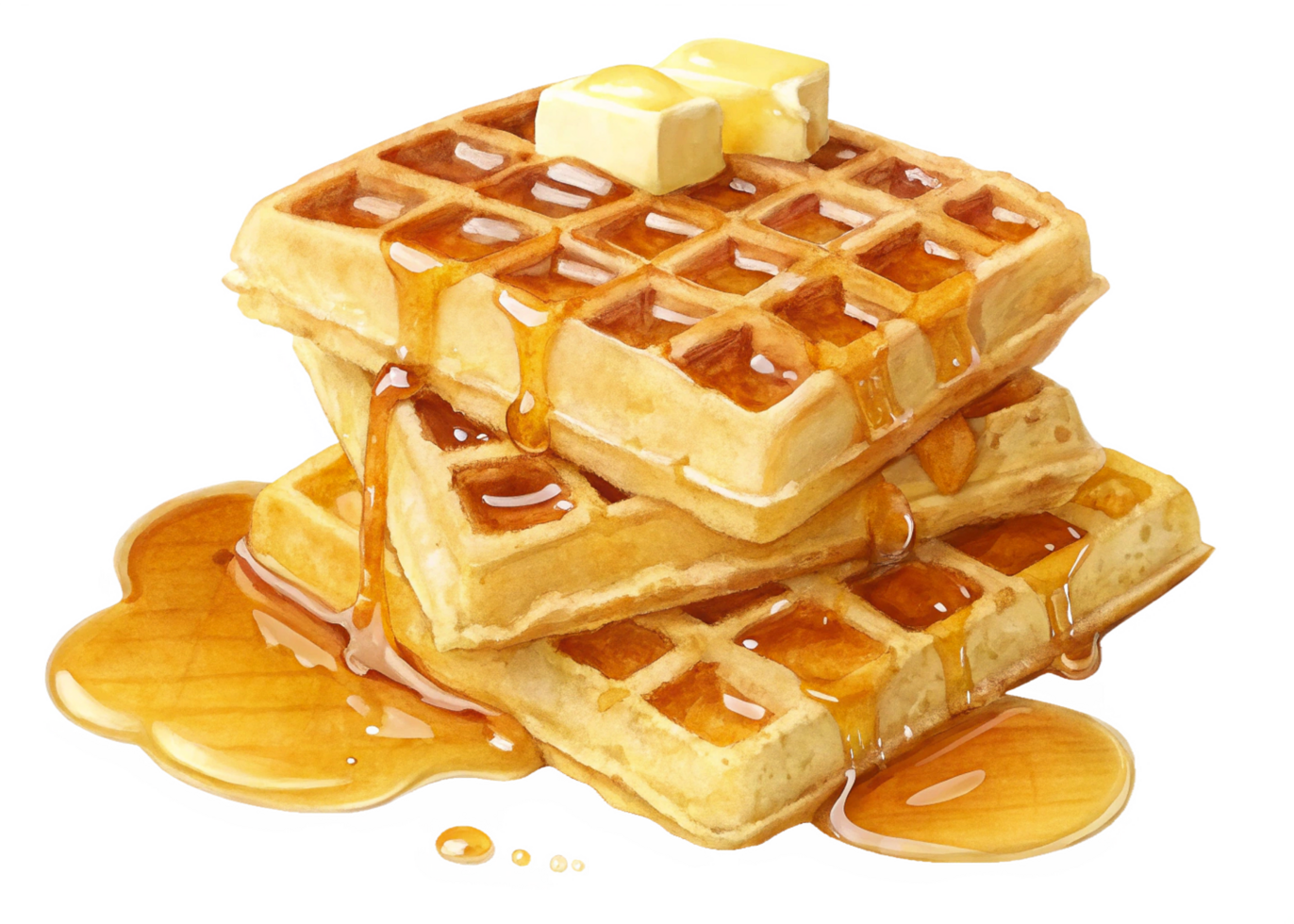 Delicious Golden Waffles Stack, Buttery, Maple Syrup Drizzle png
