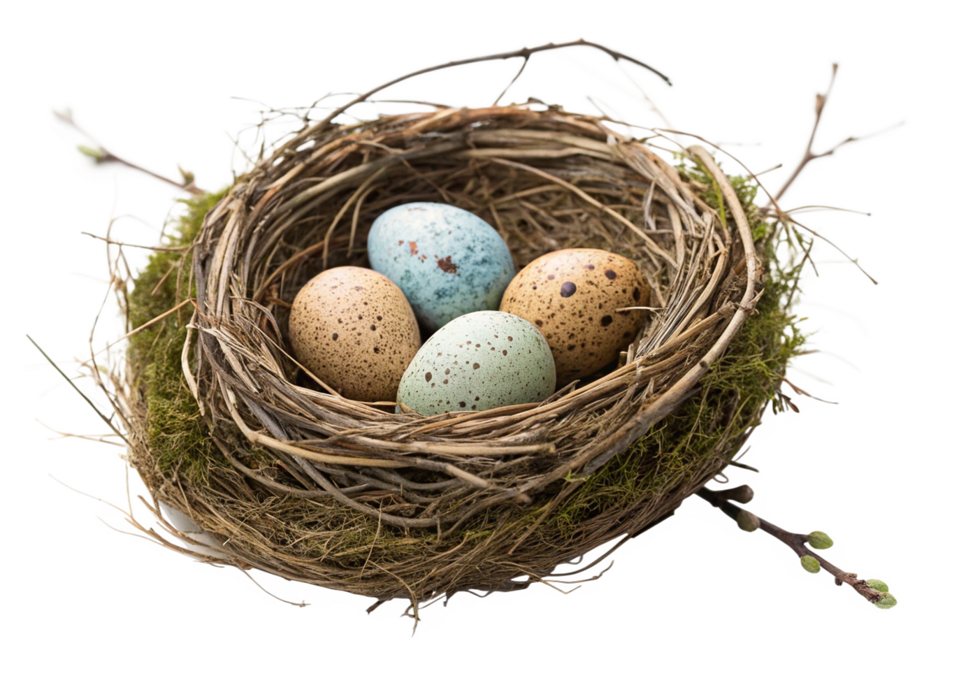 Birds Nest with Three Speckled Eggs, Spring Branches, Abstract Background png