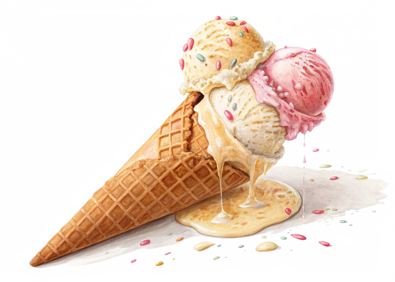 Melting Ice Cream Cone Double Scoop, Sprinkles, Sweet Treat png