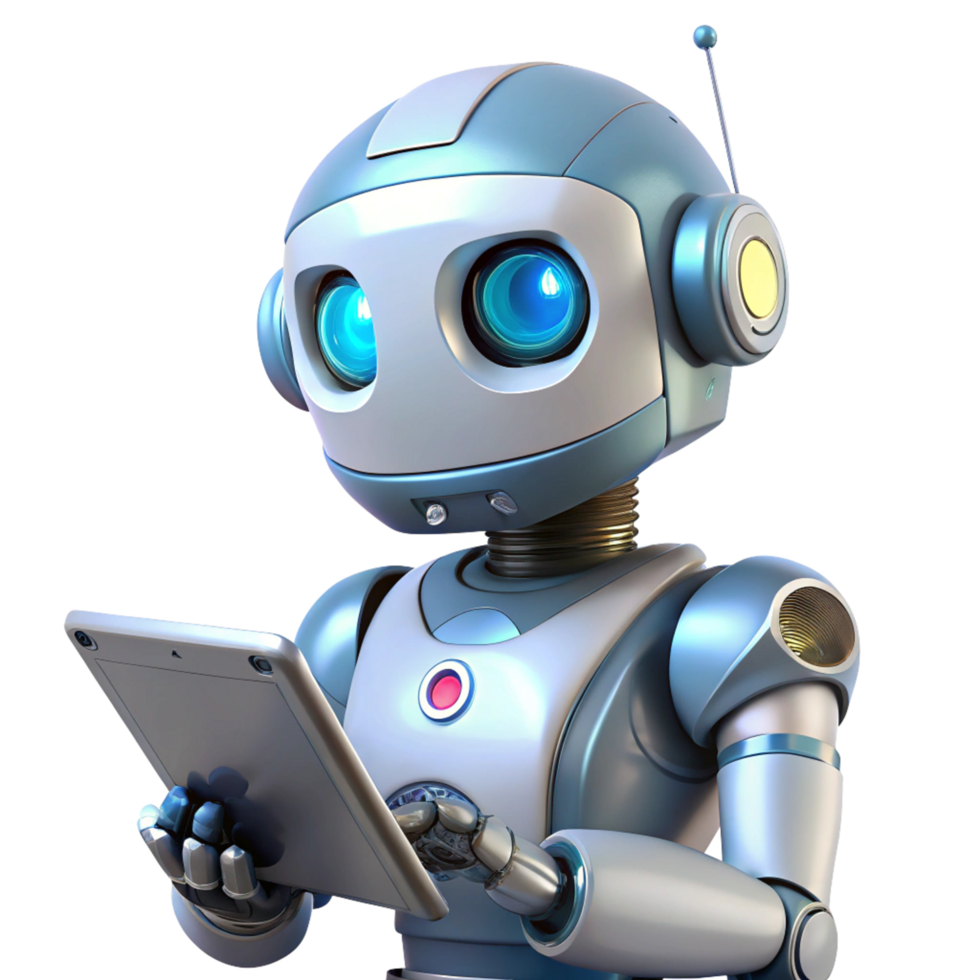 Robot managing digital operations on a tablet png