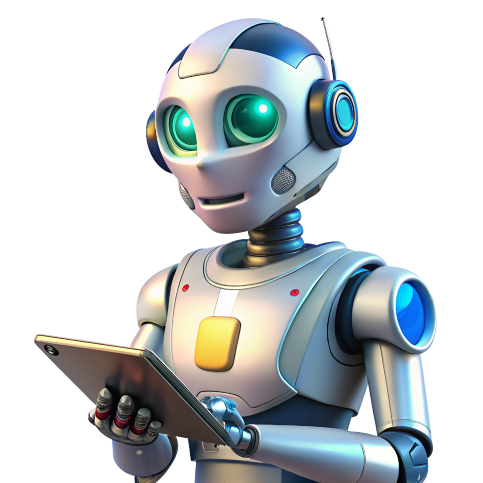 Robot working on a tablet in a futuristic environment png