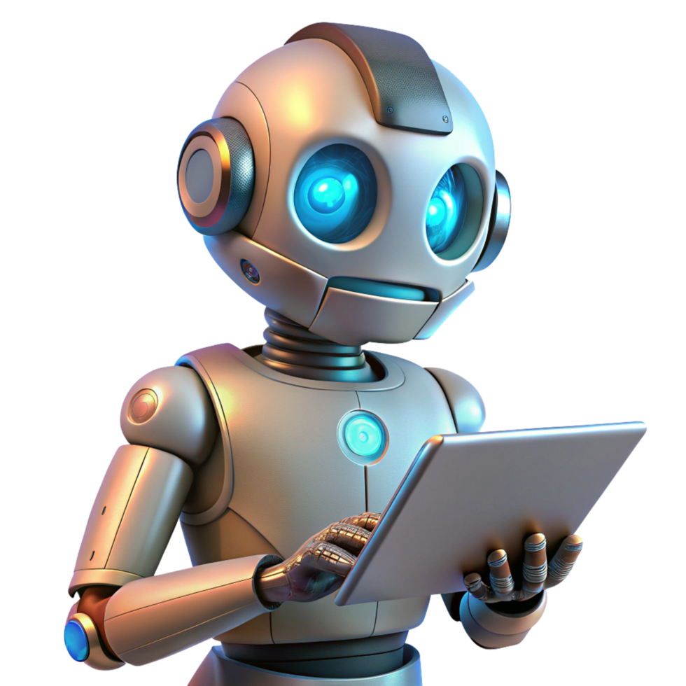 Futuristic robot operating a tablet in a lab png