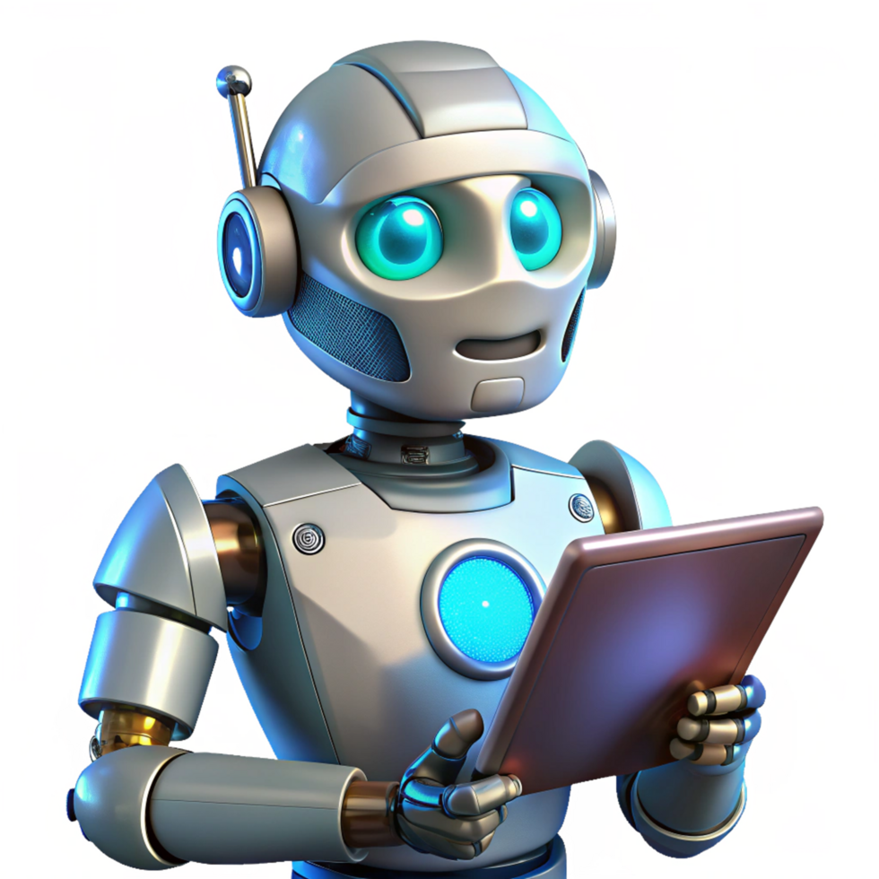 Robot typing on a sleek tablet in a smart office png