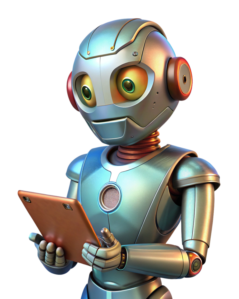 Robot working on a tablet with futuristic precision png