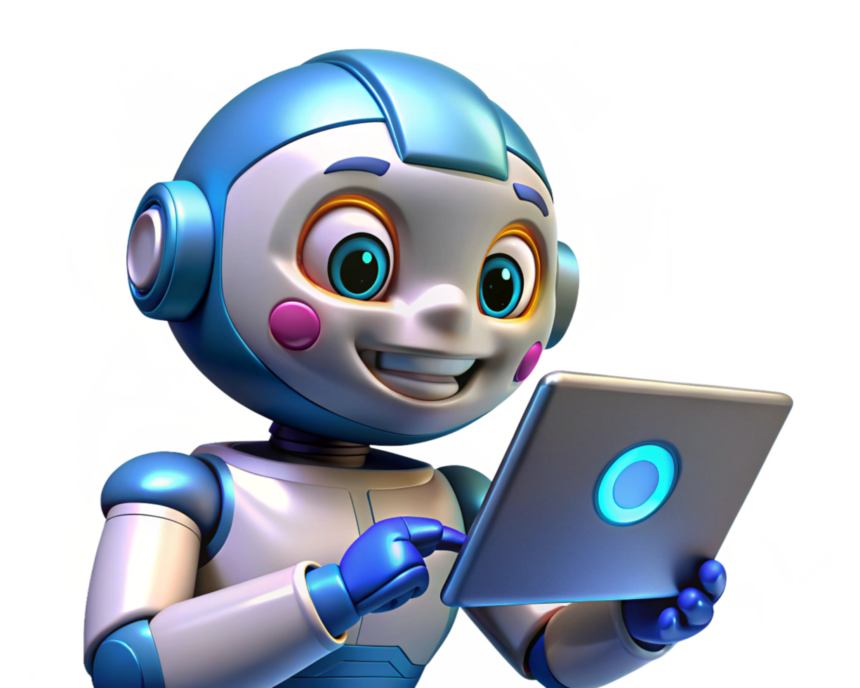 Robot holding a tablet in its metallic hands png