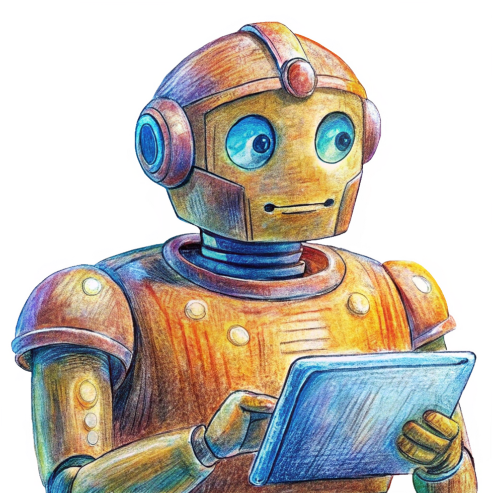 Robot operating a tablet for technological tasks png