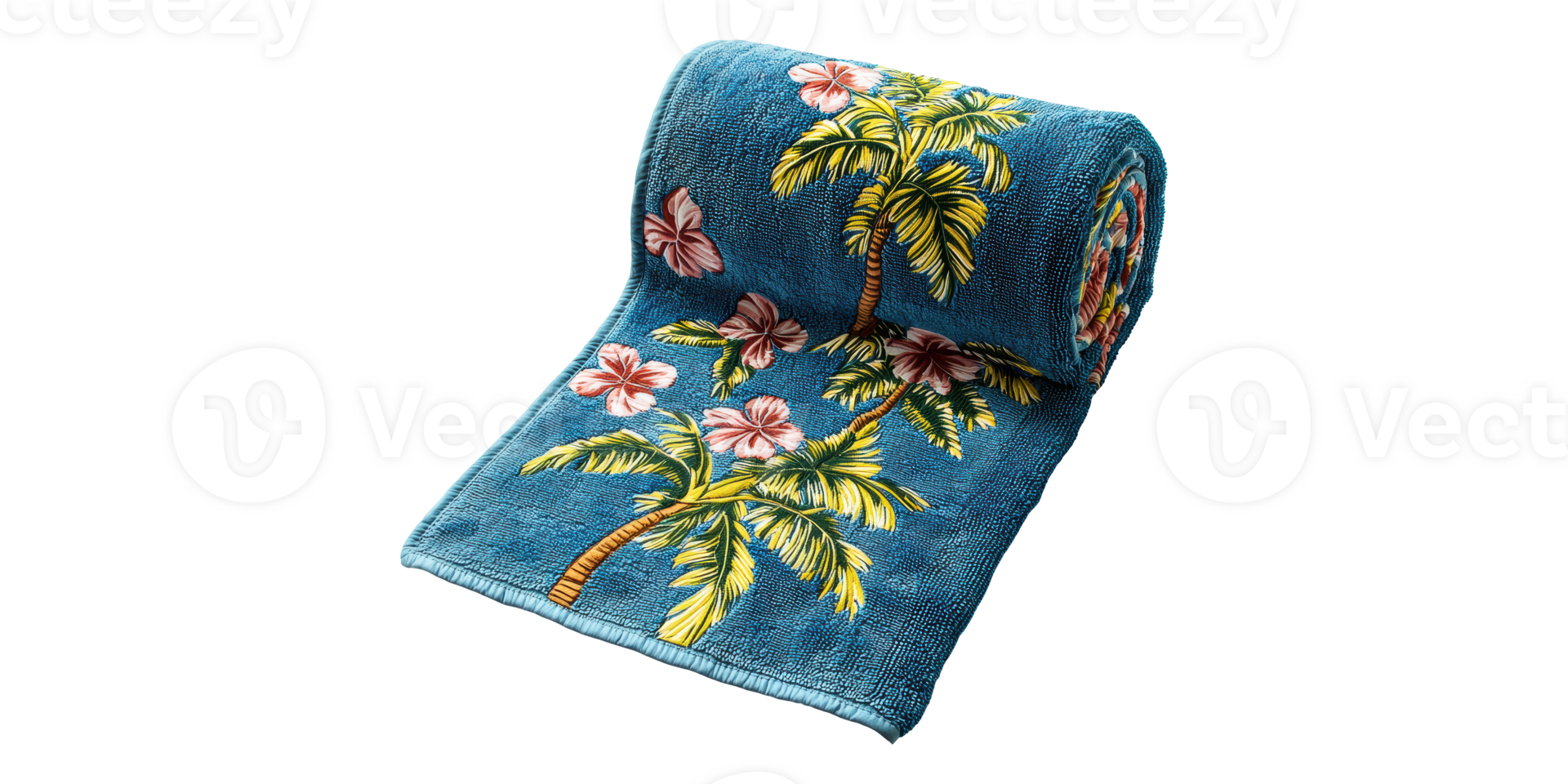 Blue beach towel with palm tree design isolated on transparent background png