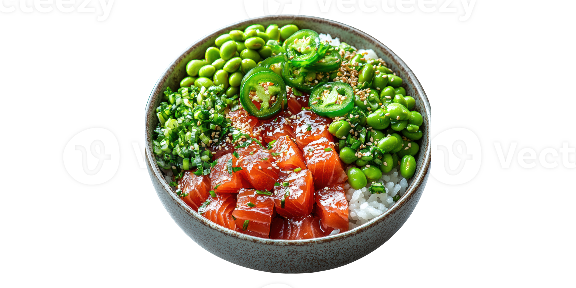 Fresh poke bowl with salmon and edamame isolated on transparent background png