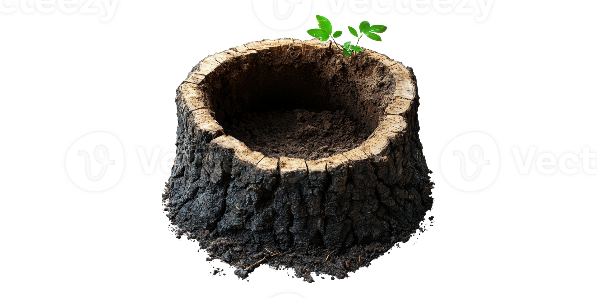 Tree stump with soil and new growth isolated on transparent background png