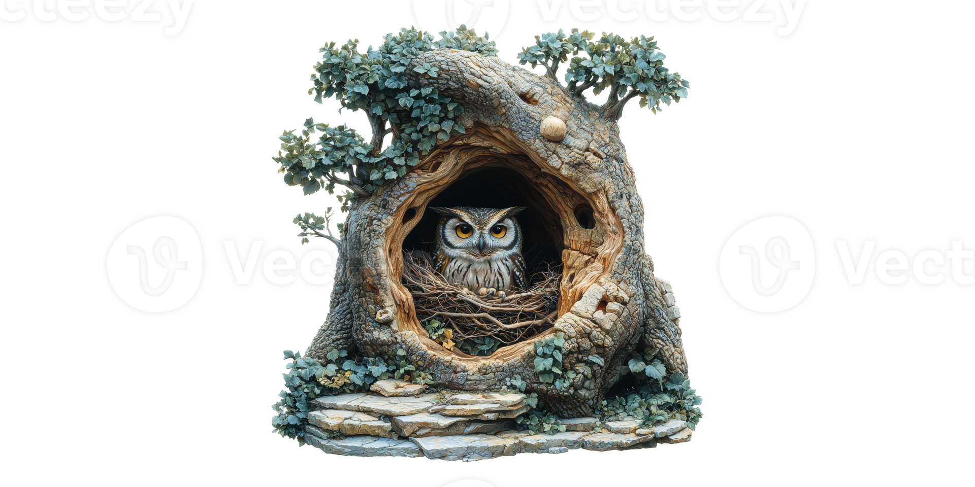 Owl nestled inside tree trunk isolated on transparent background png