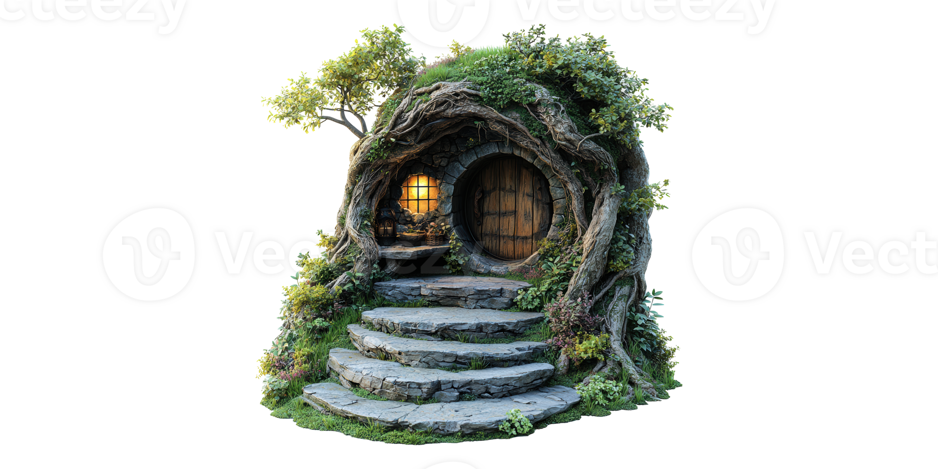Hobbit-style treehouse entrance with stone steps isolated on transparent background png