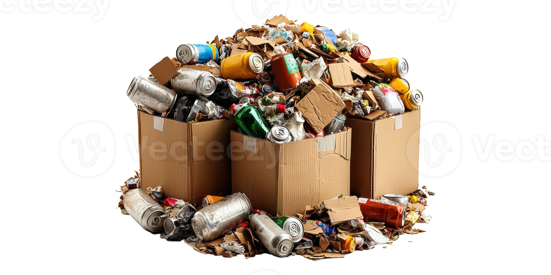 Pile of recyclable materials in cardboard boxes isolated on transparent background png