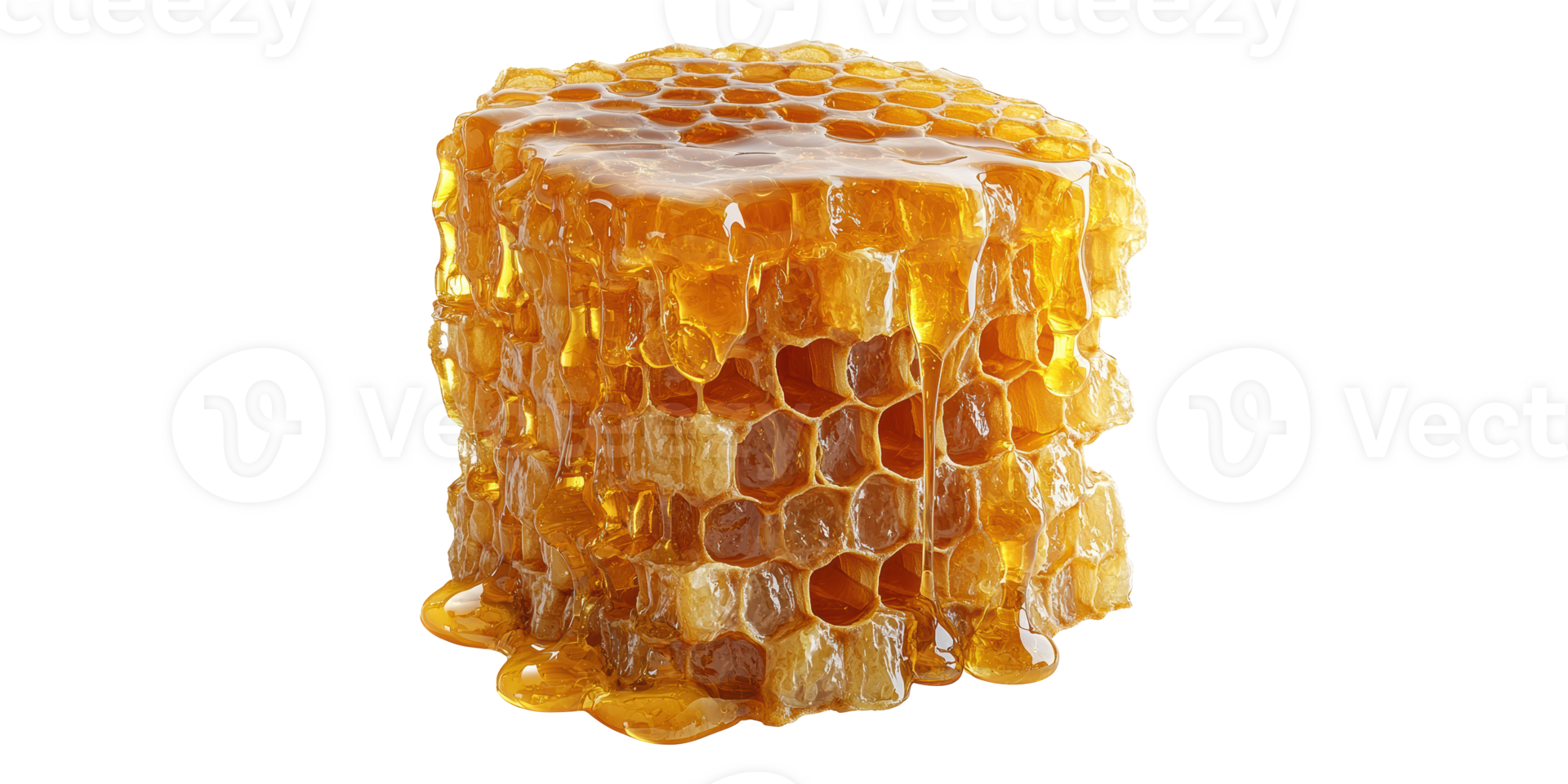 Honeycomb structure with golden honey dripping isolated on transparent background png