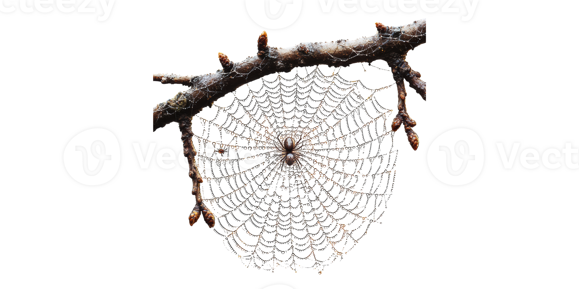 Spider web with dew drops on branch isolated on transparent background png