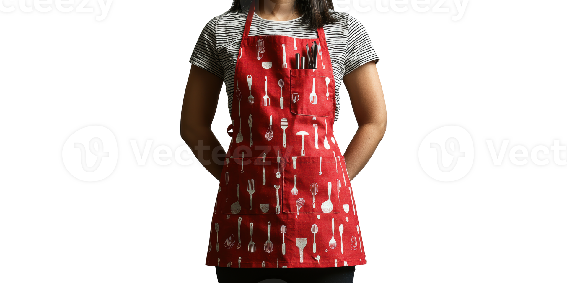 Woman wearing red kitchen apron with utensil pattern isolated on transparent background png