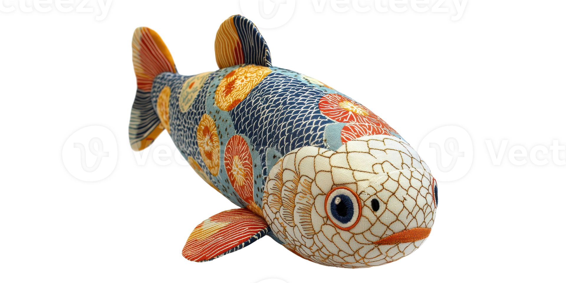 Decorative fish plush toy with patterned fabric design isolated on transparent background png