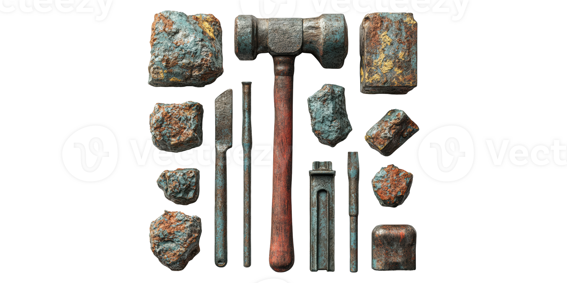 Vintage hammer and tool set with rusted metal pieces isolated on transparent background png