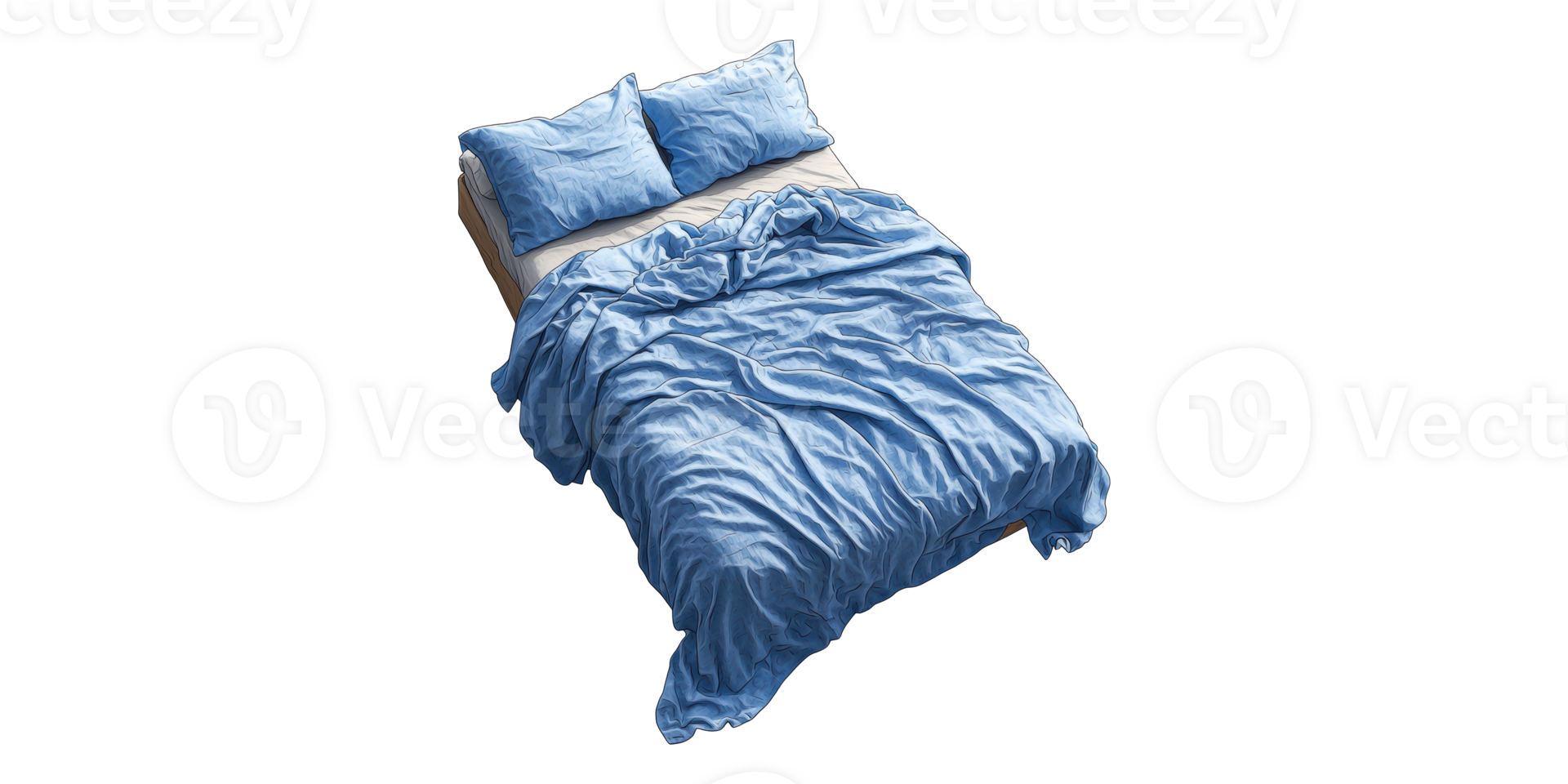 Blue crumpled bed set with pillows isolated on transparent background png