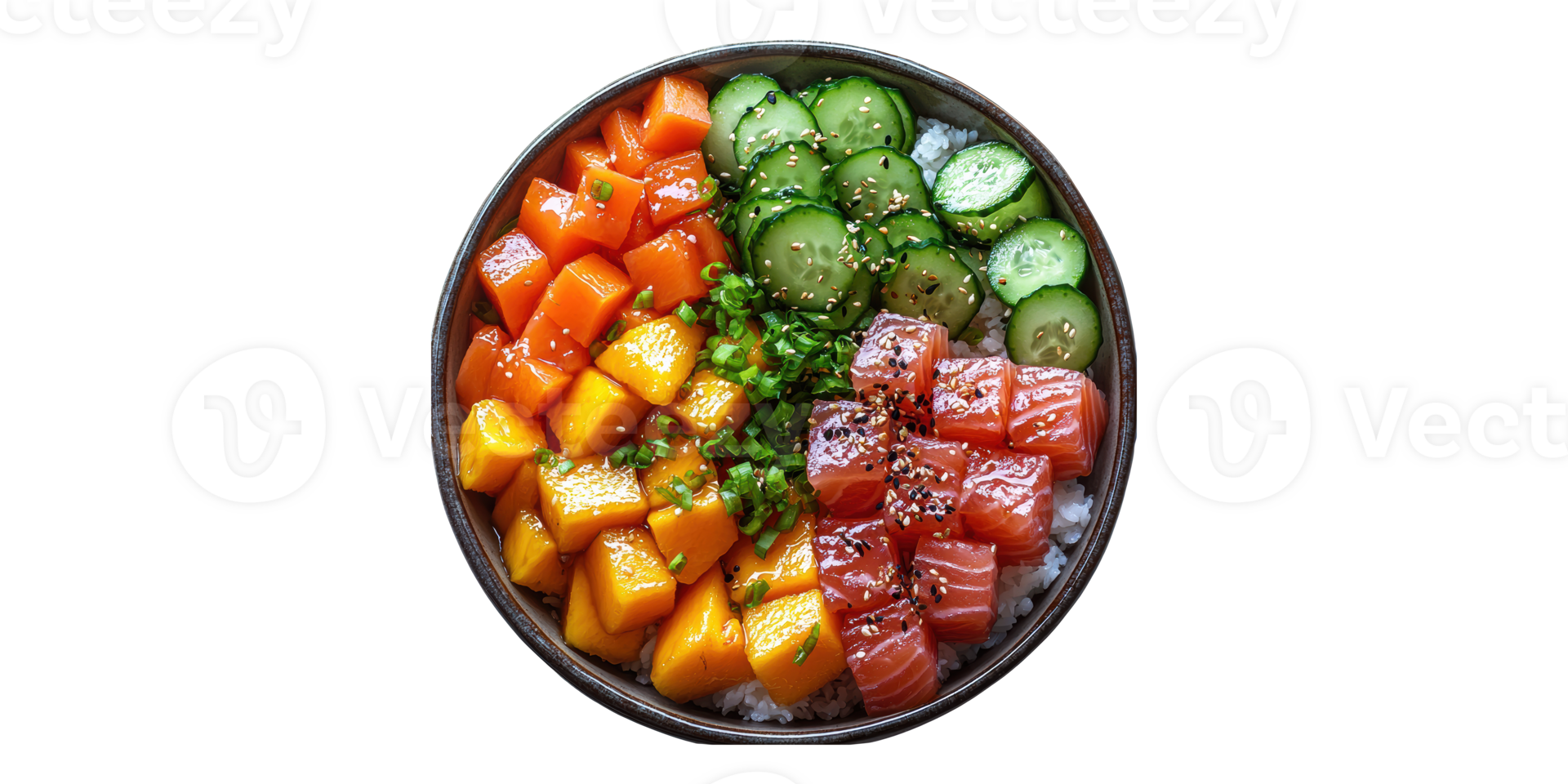 Salmon and mango poke bowl with cucumbers isolated on transparent background png
