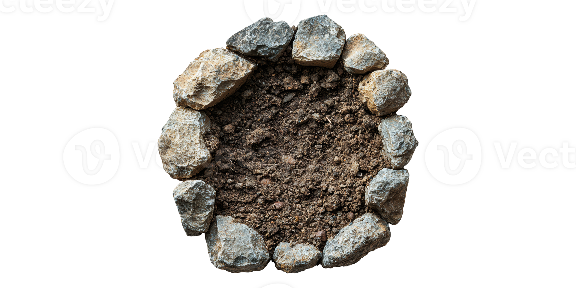 Circular arrangement of rocks with soil in center isolated on transparent background png