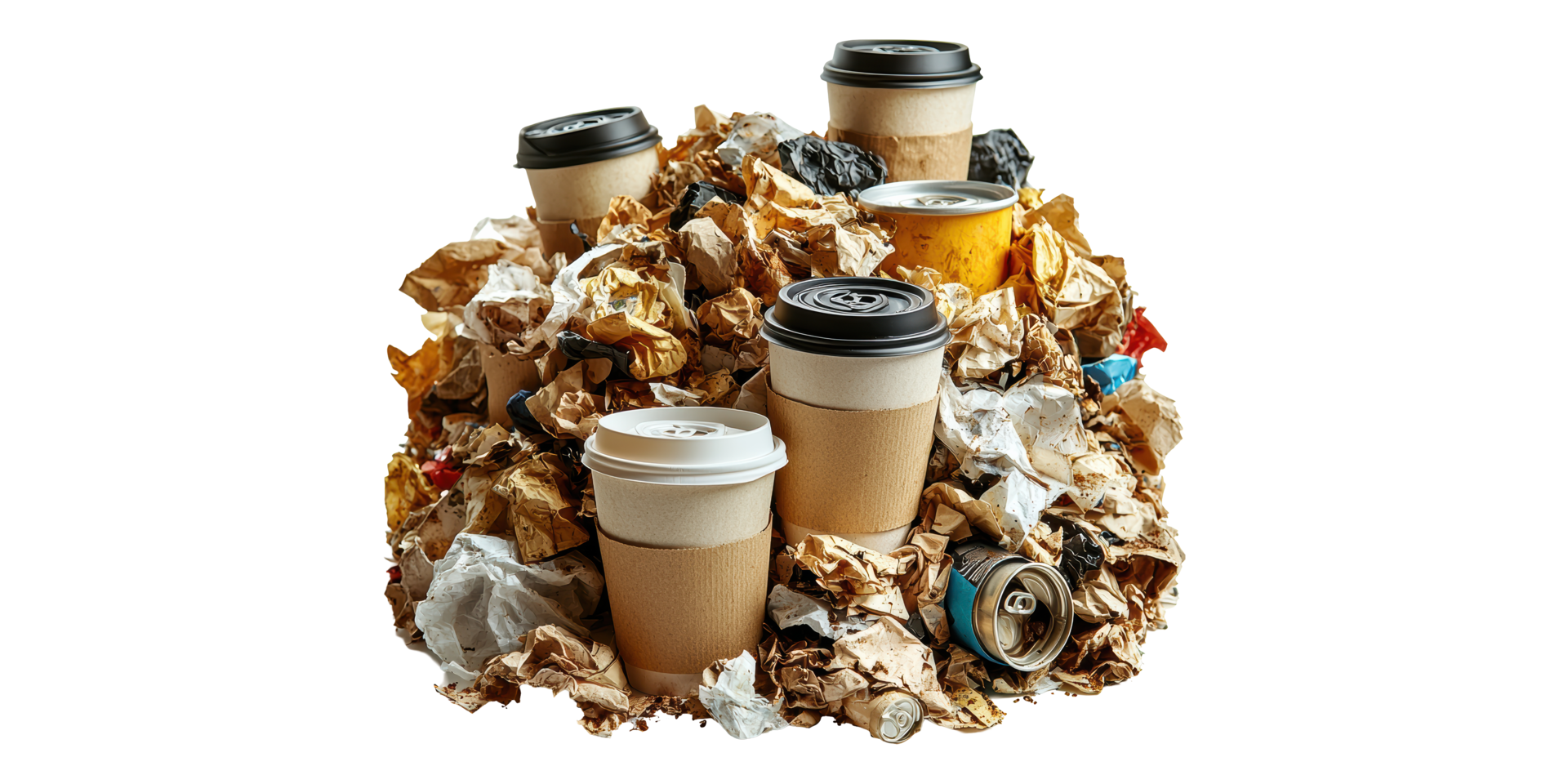 Disposable coffee cups and litter isolated on transparent background png