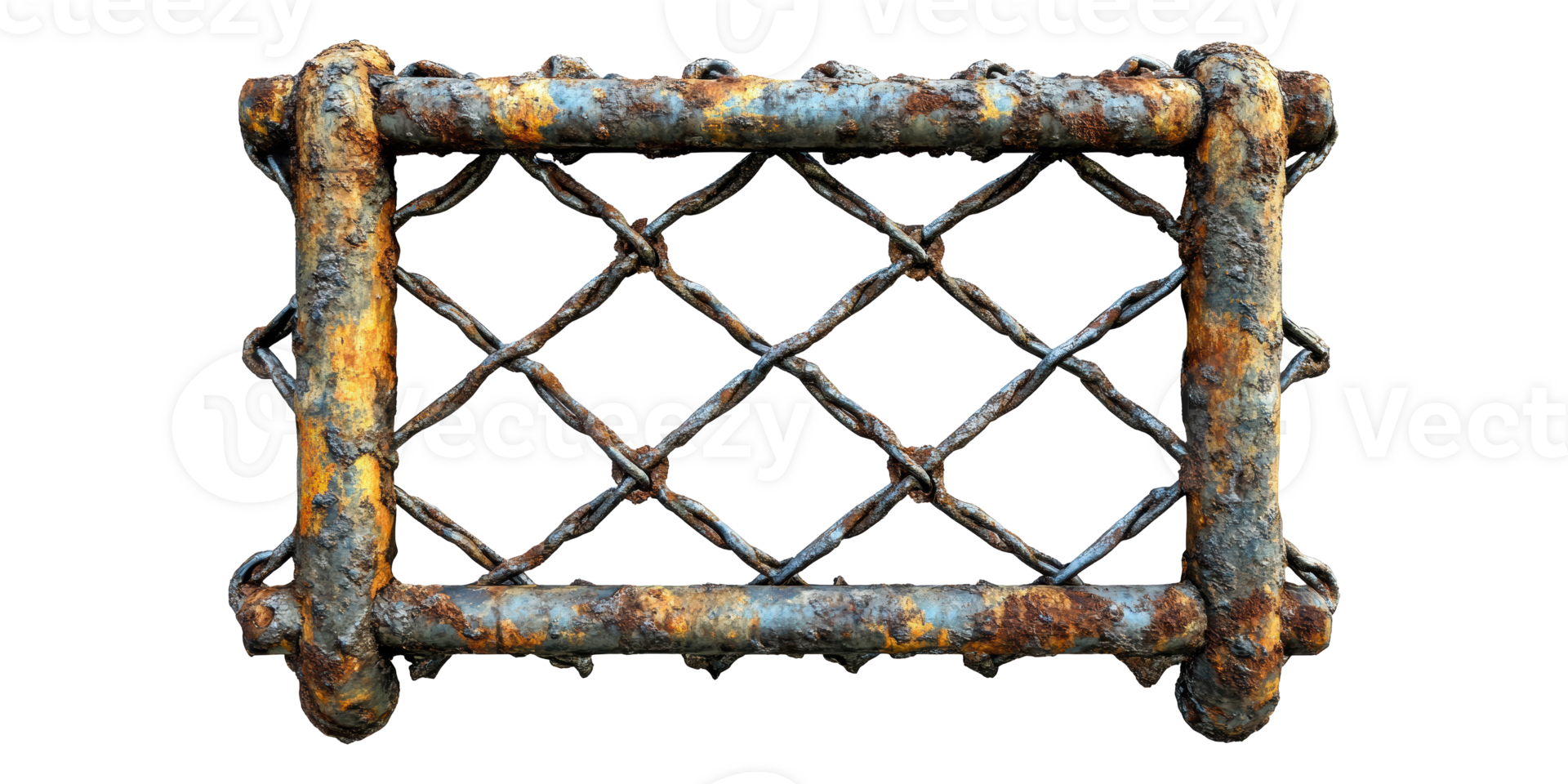 Rusty metal chain link fence isolated on transparent background png