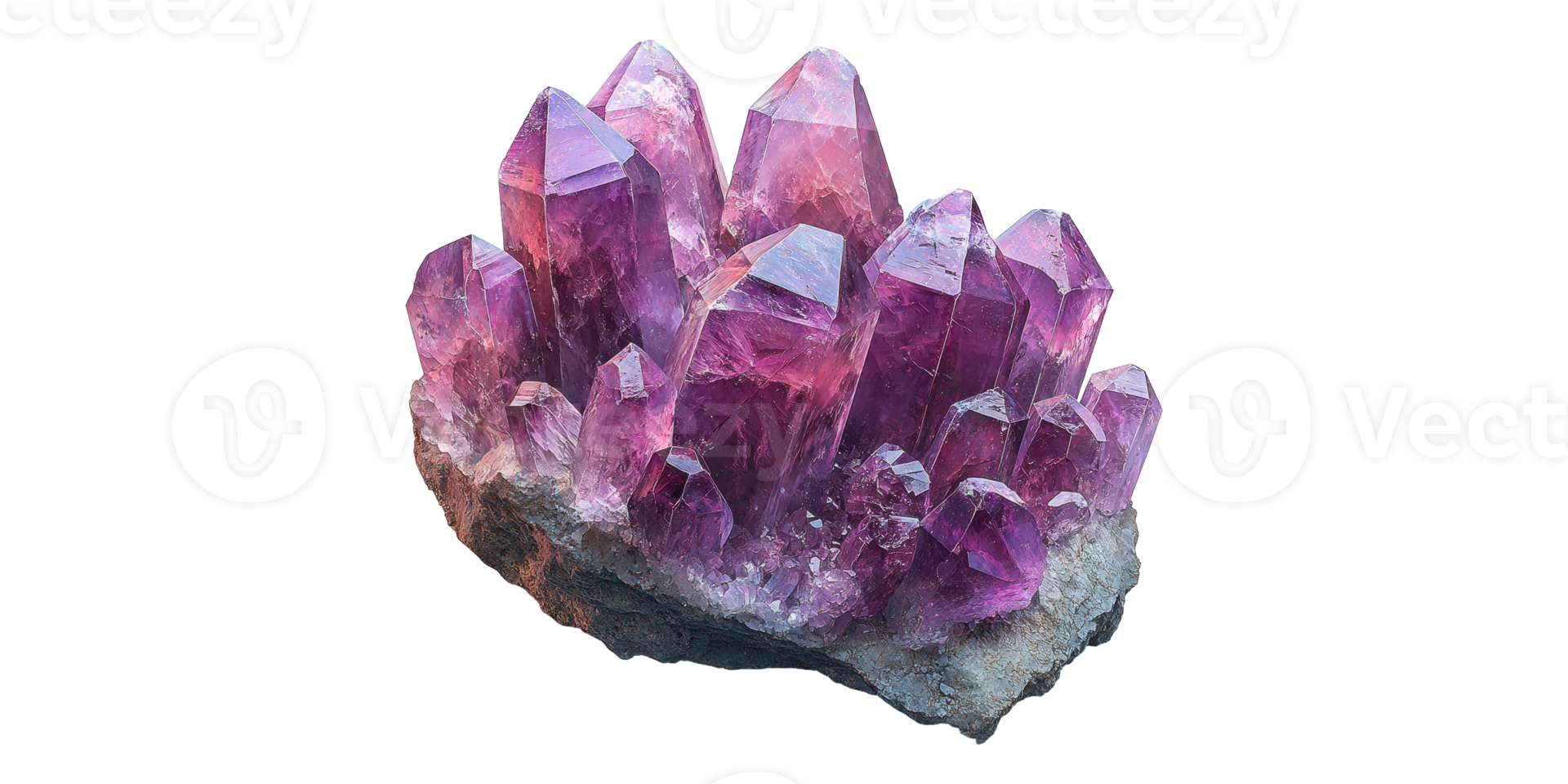Purple amethyst crystal cluster isolated on transparent background png
