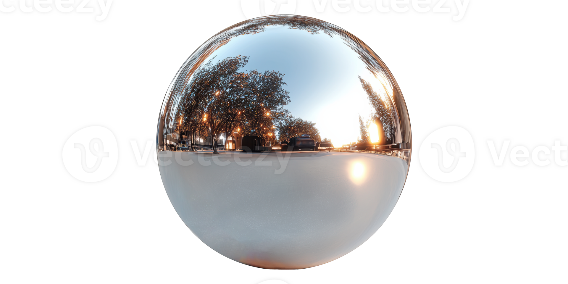 Reflective metallic sphere with urban reflection isolated on transparent background png