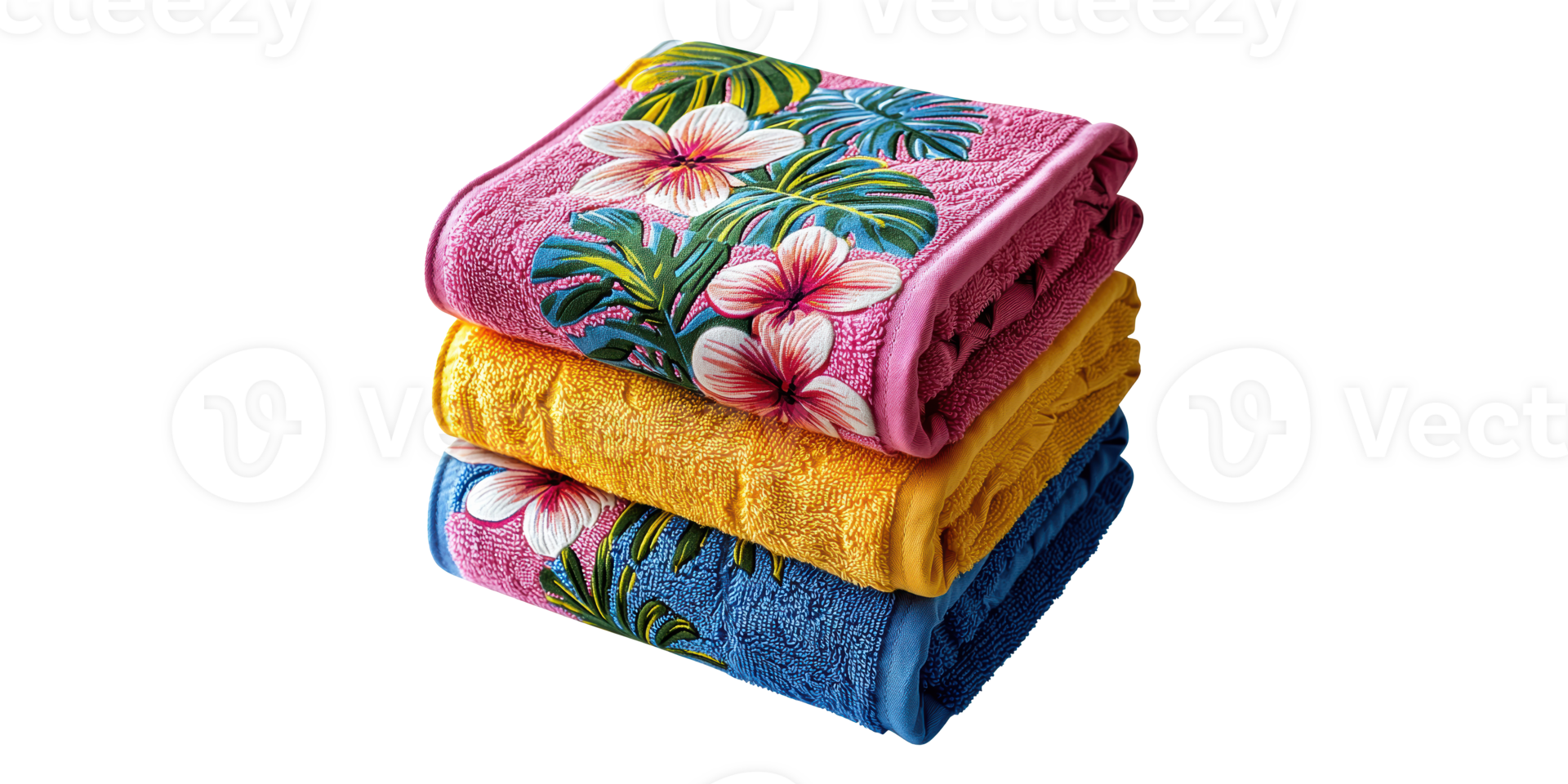 Three folded floral towels in pink, yellow, and blue isolated on transparent background png