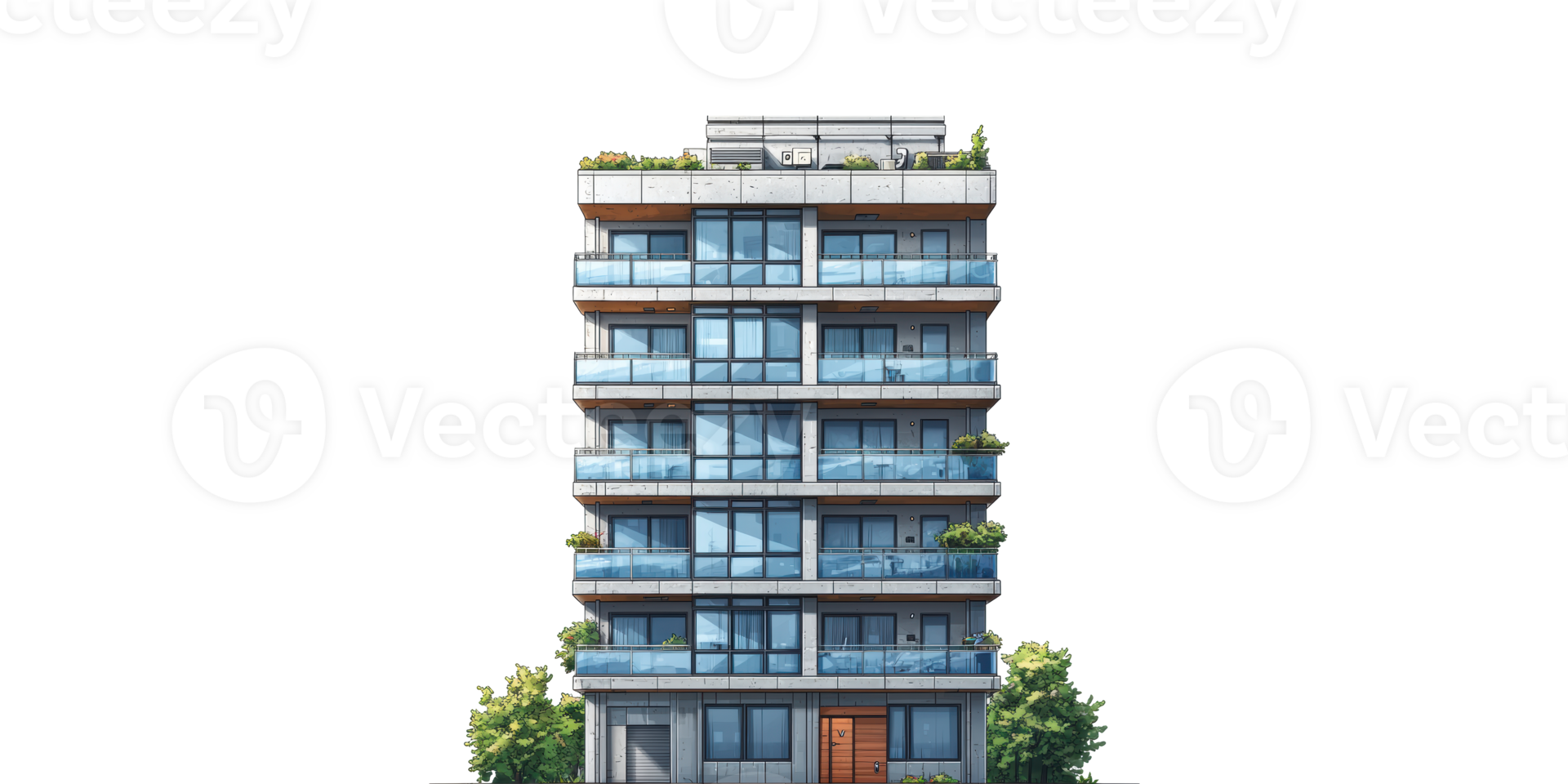 Modern apartment building front view isolated on transparent background png