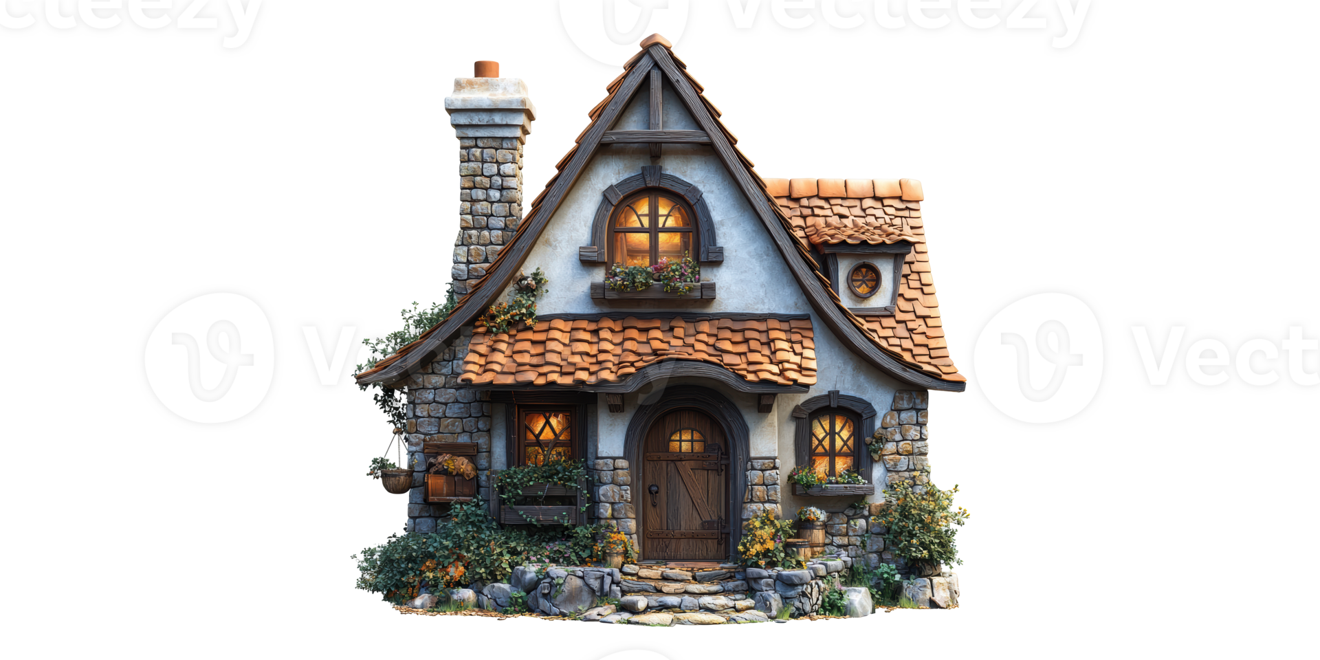 Charming fairy tale cottage with stone chimney isolated on transparent background png