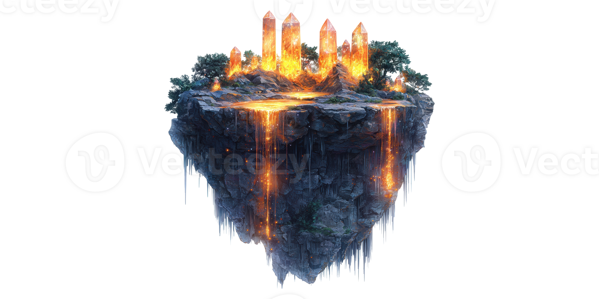 Floating rock island with crystals and waterfalls isolated on transparent background png