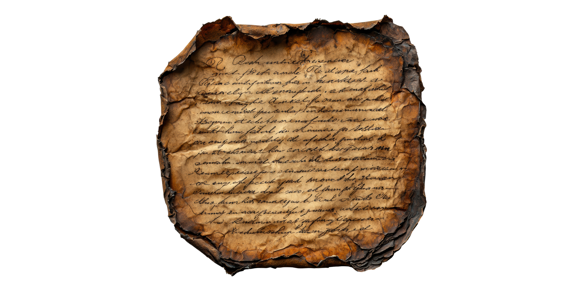 Old burnt paper sheet with handwritten script isolated on transparent background png