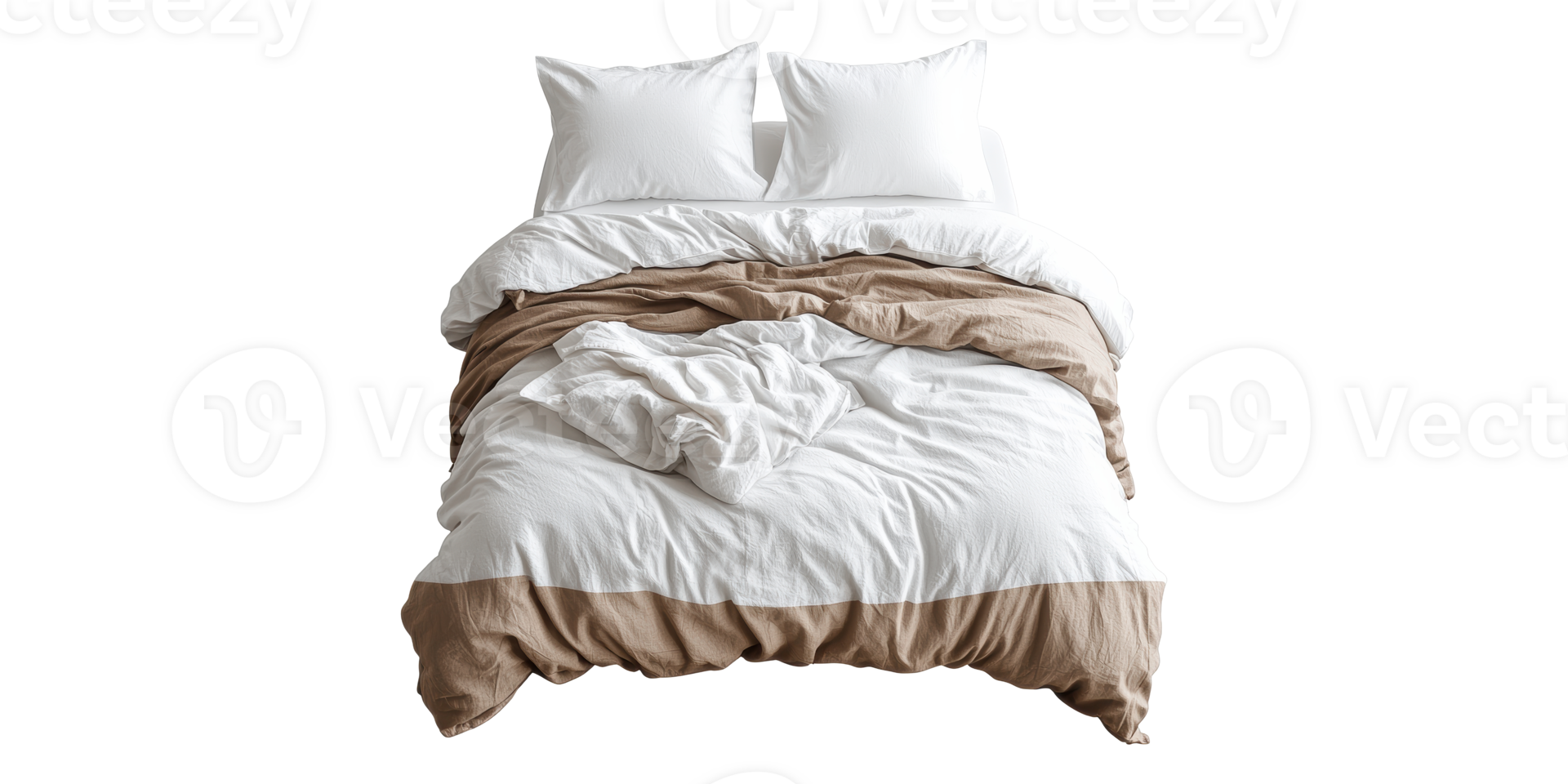 Cozy bed with two pillows and crumpled blanket isolated on transparent background png