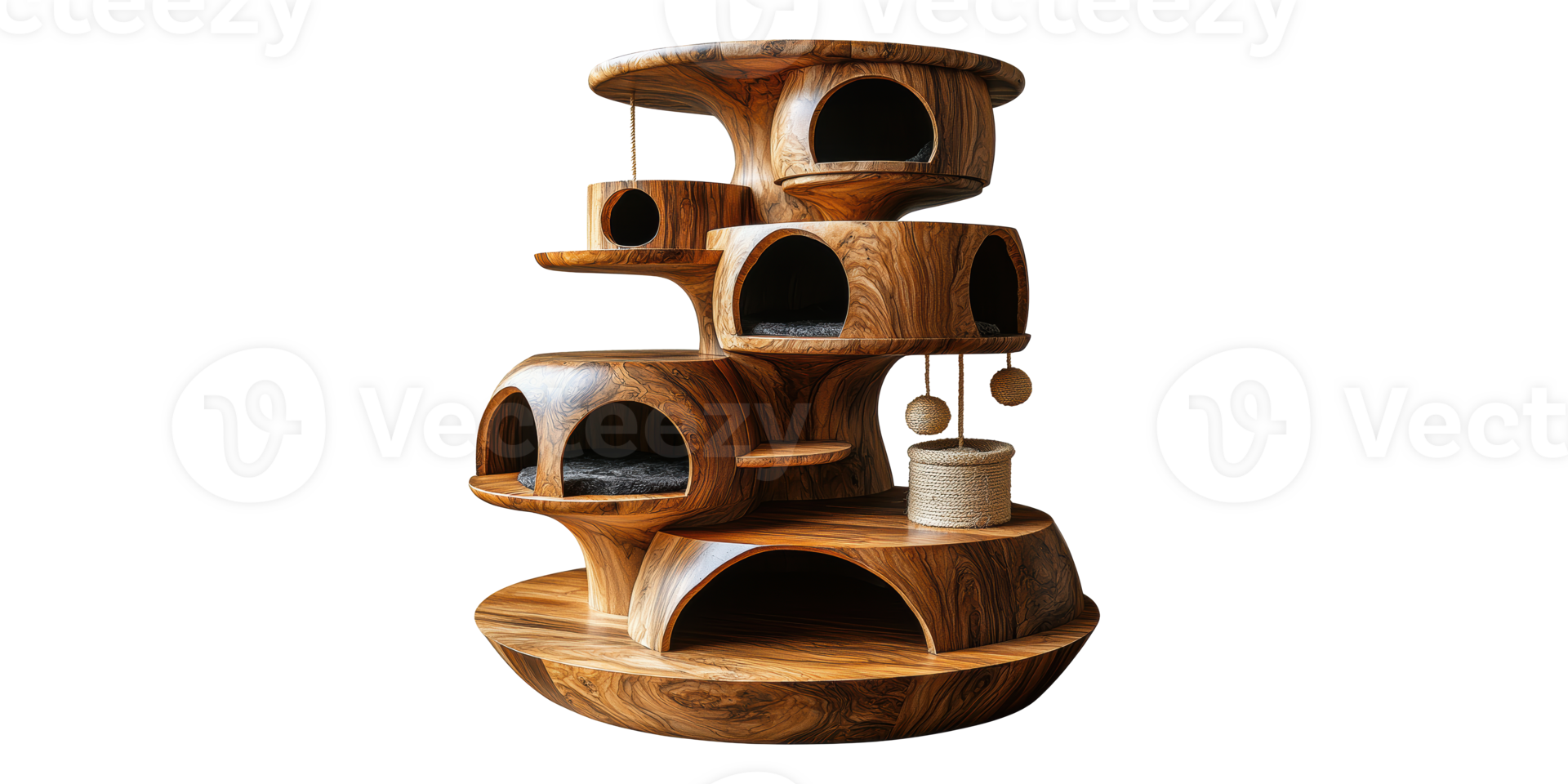 Wooden cat tree with multiple levels and hammocks isolated on transparent background png
