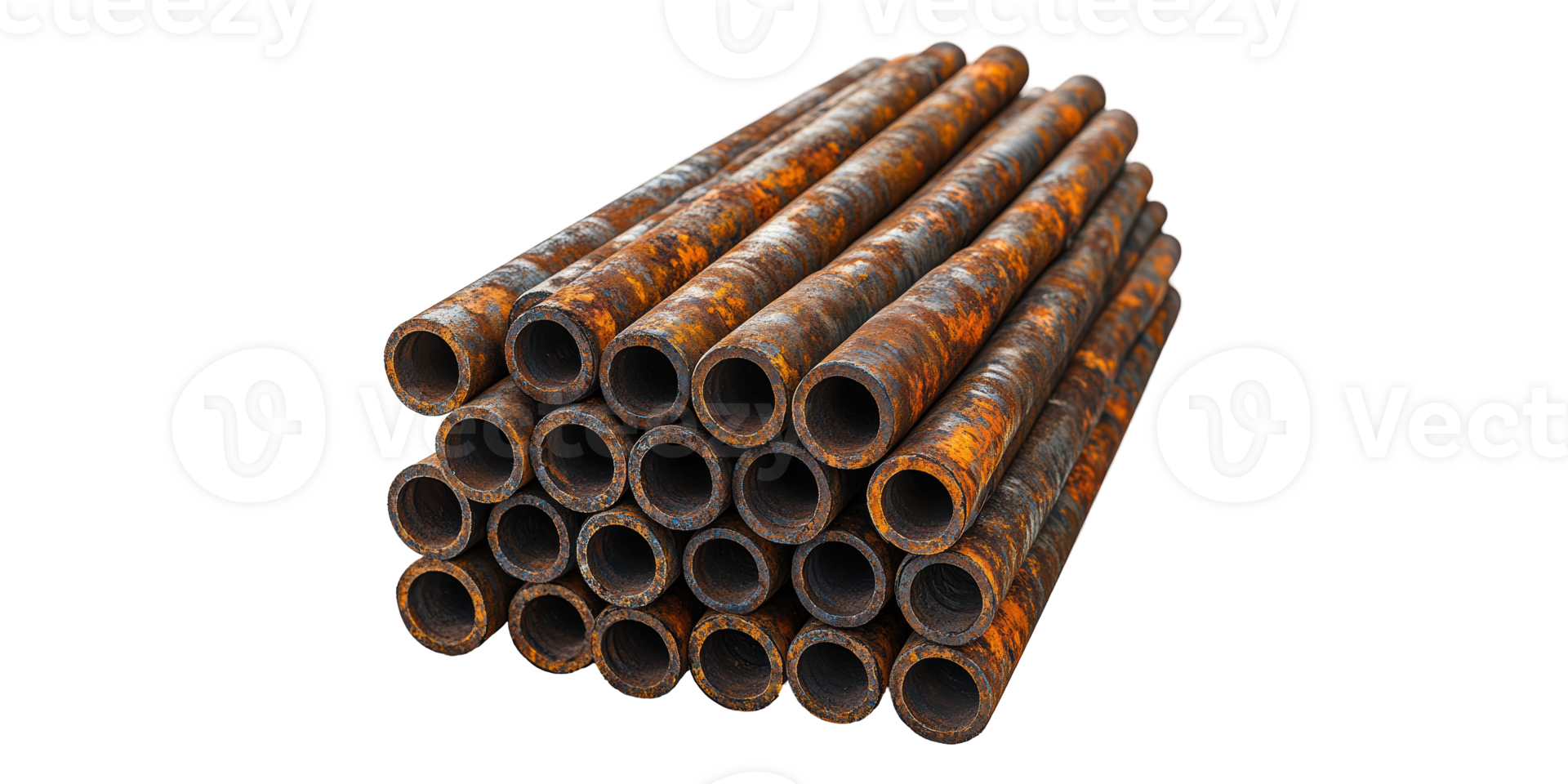Stack of rusty steel pipes isolated on transparent background png