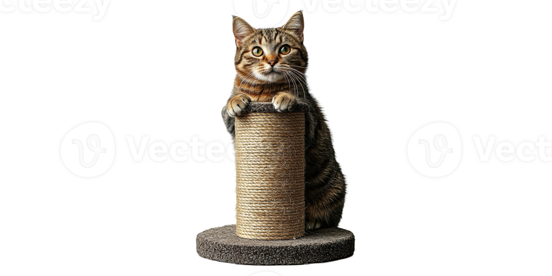 Tabby cat with scratching post isolated on transparent background png