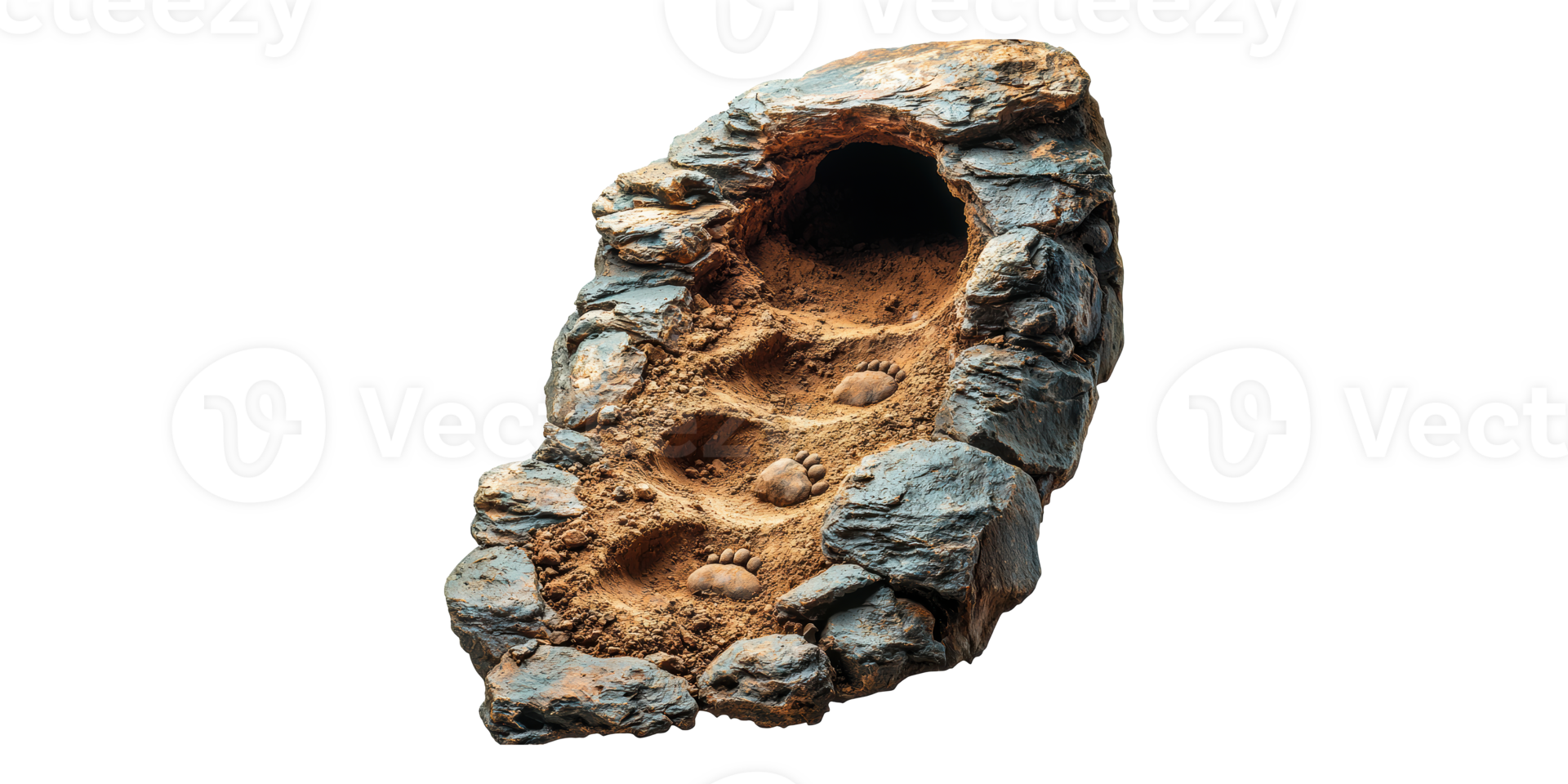 Dinosaur fossil footprints in rocky terrain isolated on transparent background png