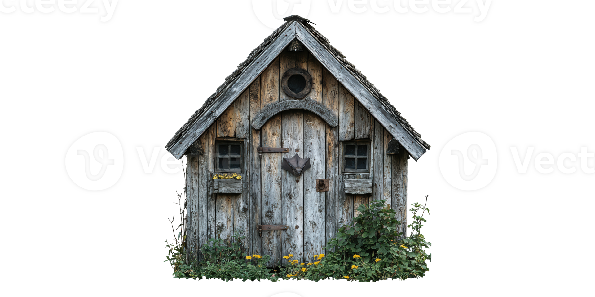 Rustic wooden cottage with plants isolated on transparent background png