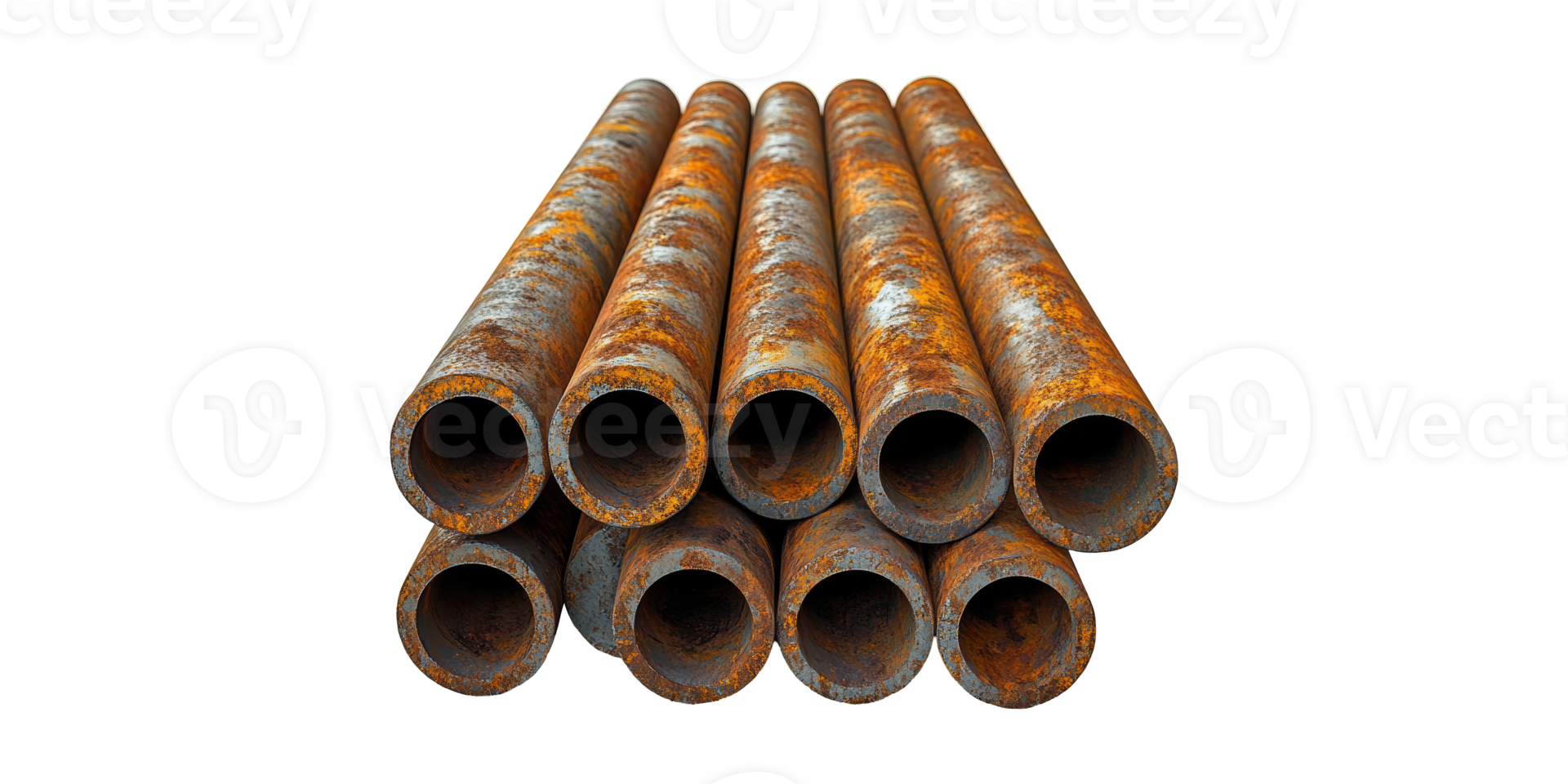Rusty metal pipes arranged in a stack isolated on transparent background png