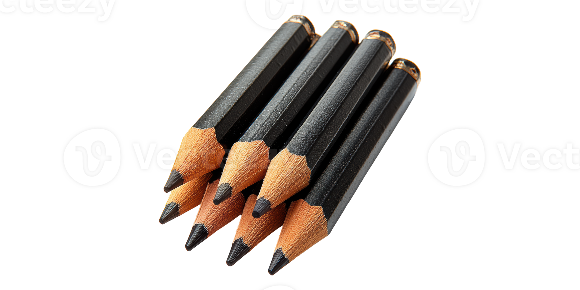 Five black wooden pencils isolated on transparent background png