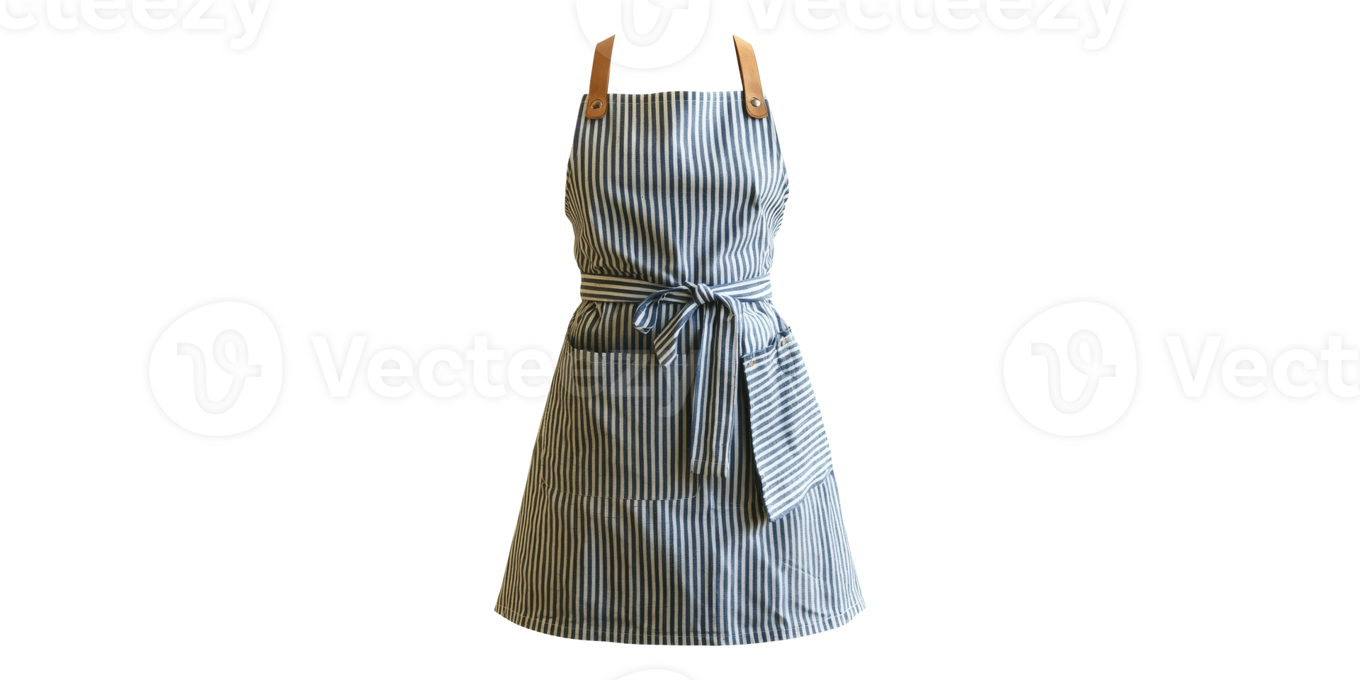 Blue and white striped apron with tie and pockets isolated on transparent background png